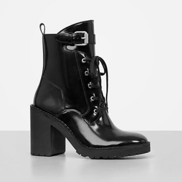 All Saints Shoes - AllSaints Casey Black Leather Lace-Up Buckle Block Heel Ankle Boots SZ 40